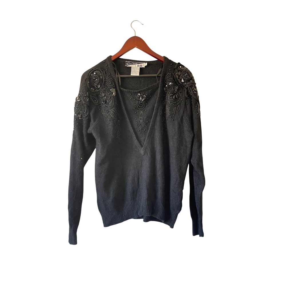 80s Vanna White by‎ R&K Black Beaded Silk Angora Sweater Set Vintage Large